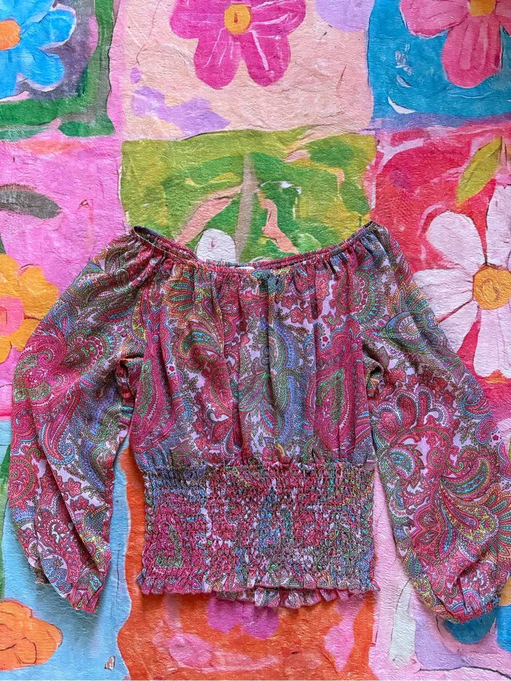 Suzy Shier Paisley Off-the-Shoulder Smocked Top M